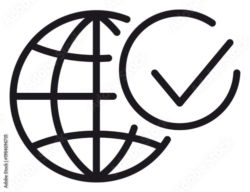 Black line vector icon illustration of a globe with a checkmark symbol, representing global verification, international standards, world approval, global success, and environmental certification.