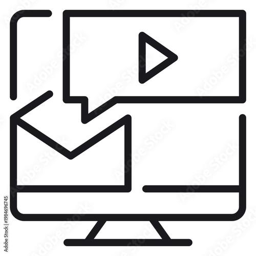 Black line vector icon illustration of a computer monitor displaying an email envelope and a video play button speech bubble, representing digital communication and multimedia messaging.