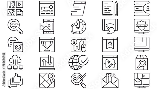 25 Minimalist Black Vector Icon Set Bundle for Web Design, Technology, and Business. Includes Cybersecurity, SEO, Cloud Computing, Mobile UI, Data Analysis, Social Media, and Technical Support Icons.