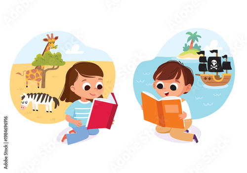 Cute girl and boy are reading books and imagine, dream up grand exciting adventures — trips to Africa and sea travels. Kids, children who love to read absorbed, lost in their books. Reading for fun. I
