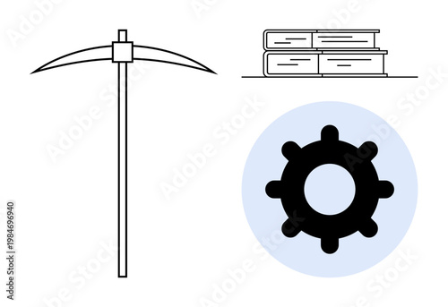 Work and study concept. Work by a pickaxe, study by books, and innovation by a gear. Work, study, and progress made visual. For education, labor productivity and research