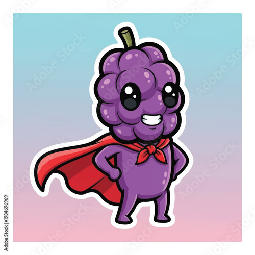 Purple cartoon grape superhero character standing.