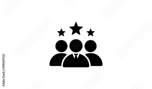 Three people icon with stars symbolizing leadership success and team recognition flat vector illustration