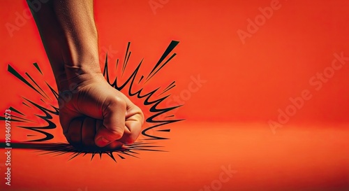 Dynamic fist punch on orange background with impact sound effect. Fist engages in energetic action, creating a visual explosion of energy and force. Concept for creative illustrations or meme designs.