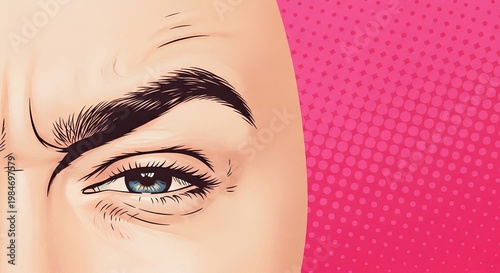 Close-up of intense eye expression on pink background showcasing detailed features and strong eyebrows. Eye expression conveys emotions and character, making it ideal for funny meme art,