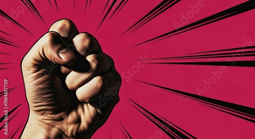 Punch fist graphic design with comic style and energetic red background emphasizing empowerment. Punch fist symbolizes strength and determination,
