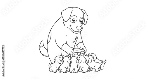 A mother dog is feeding her puppies from a bowl, illustrating a heartwarming scene of maternal care and family bonding.