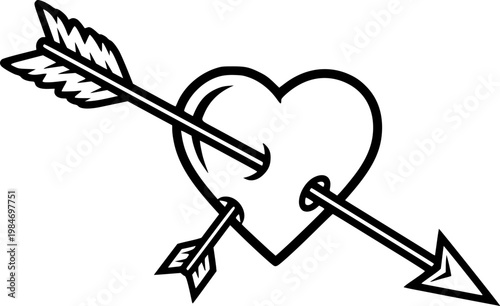 Love and romance symbol featuring cupid arrow piercing a heart for valentine day and relationship emotion design featuring a simple black line art pictogram – Black Vector Illustration