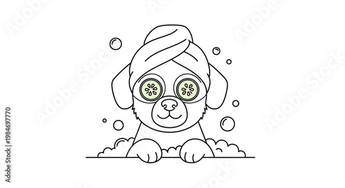 A cute cartoon dog wearing a towel on its head and cucumber slices on its eyes, enjoying a spa day with bubbles.