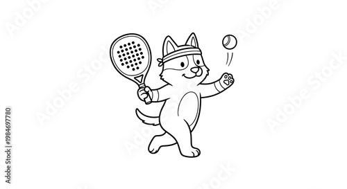 A cute cartoon dog wearing a headband, playing padel with a racket and ball.