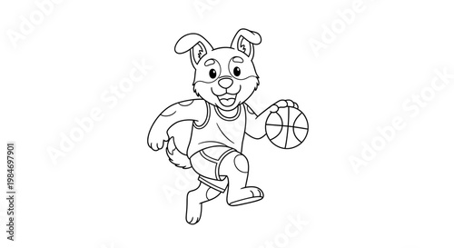 A black and white outline drawing of a cartoon dog wearing a basketball jersey and shorts, dribbling a basketball while running.