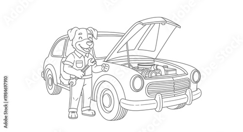 A friendly cartoon dog dressed as a mechanic is fixing a vintage car with its hood open, holding a wrench.