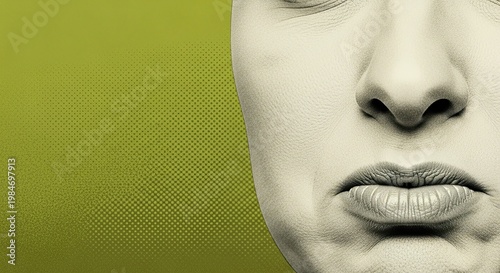 Expression of discontent with abstract green background highlighting facial features. Facial expression conveys frustration and creates an impact on viewer perception.