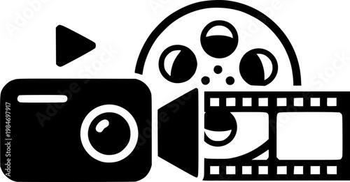 Digital movie recording and cinema film production symbol for media broadcast and multimedia studio technology featuring a simple black line art video camera pictogram – Black Vector Illustration