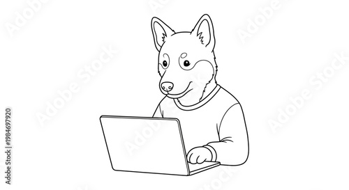 A black and white line drawing of a dog wearing a sweater and typing on a laptop.