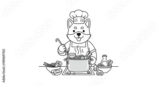 A cute Shiba Inu dog wearing a chef's hat and apron, happily cooking a delicious meal in a pot on a stove, surrounded by fresh ingredients and cooking utensils.