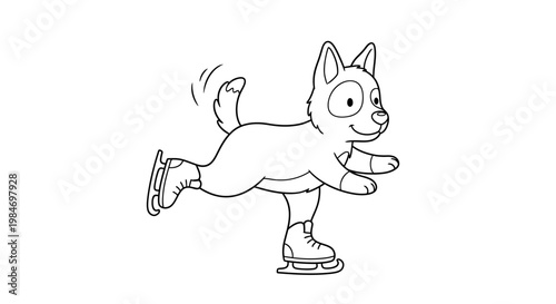 A cartoon dog is shown ice skating with its legs bent and arms outstretched for balance.