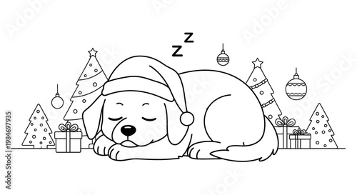 A cute, sleeping puppy wearing a Santa hat, surrounded by Christmas trees and presents, in a festive holiday scene.