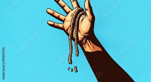 Dynamic hand holding unique art design concept with colorful string on bright background. Artistic hand showcases vibrant string texture and structure in pop art style.