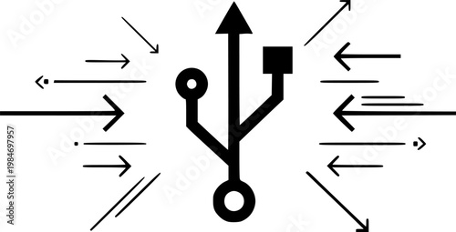 Universal serial bus hardware connection and computer data transfer symbol for peripheral connectivity and electronic technology featuring a simple black line art usb pictogram – Black Vector Illustra