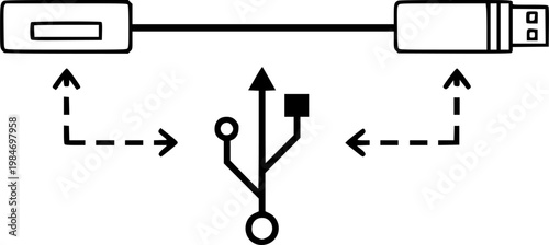 Universal serial bus hardware connection and computer data transfer symbol for peripheral connectivity and electronic technology featuring a simple black line art usb pictogram – Black Vector Illustra