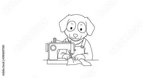 A charming black and white illustration of a happy dog wearing overalls, diligently operating a sewing machine to stitch fabric.