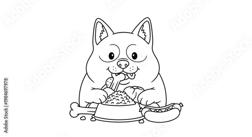 A cute cartoon dog happily eating a bowl of food with a bone and a hot dog nearby.