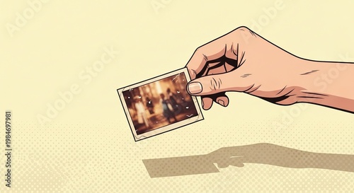 Hand holding vintage photo with blurred people in background, showcasing nostalgic memories. Hand offers a glimpse of intimate moments captured in time.