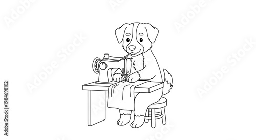 A charming black and white illustration of a dog diligently operating a sewing machine at a wooden table.