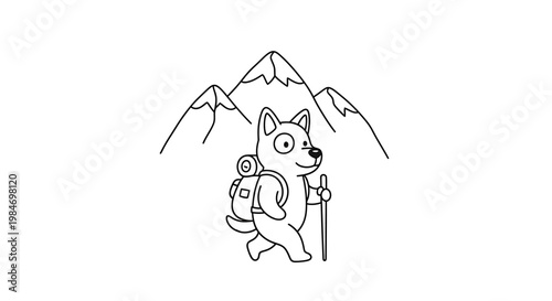 A charming cartoon illustration of a happy dog with a backpack and hiking stick, embarking on an adventure in the mountains.