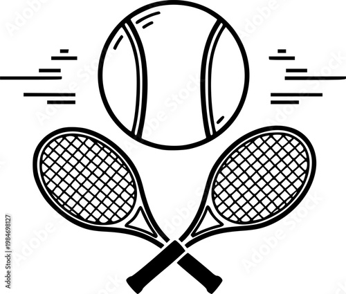 Sport equipment and tennis game competition symbol for athlete activity and recreational tournament design featuring a simple black line art tennis ball pictogram – Black Vector Illustration