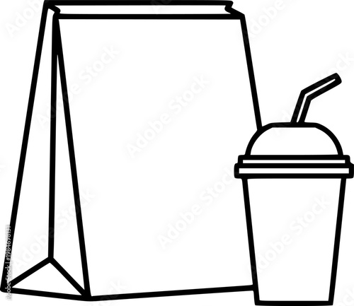 Fast food delivery and restaurant takeout packaging symbol for meal service and carry out ordering featuring a simple black line art food bag and drink pictogram – Black Vector Illustration