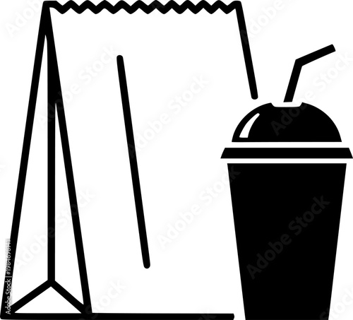 Fast food delivery and restaurant takeout packaging symbol for meal service and carry out ordering featuring a simple black line art food bag and drink pictogram – Black Vector Illustration