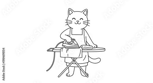 A cute cartoon cat wearing an apron is ironing clothes on an ironing board with a steam iron.