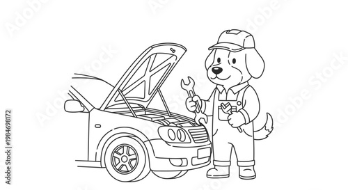 A friendly cartoon dog dressed as a mechanic, holding a wrench and standing next to a car with its hood open.