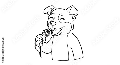 A happy cartoon dog holding a microphone and singing with its eyes closed and mouth open.