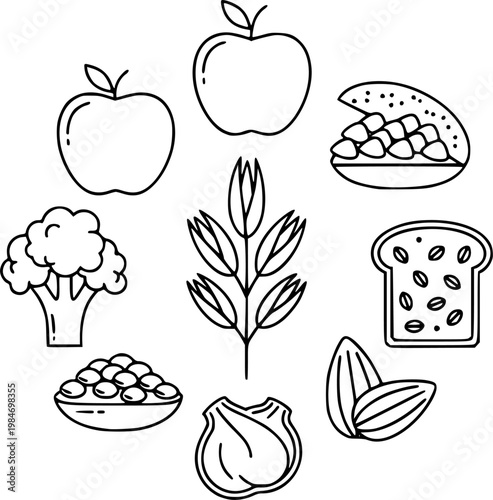 Healthy nutrition and high fiber food symbol for digestive wellness and organic diet featuring natural grains and vegetables icon – Black Vector Illustration