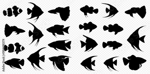 Aquarium fish silhouettes collection including angelfish, guppy, and clownfish, perfect for aquatic designs.