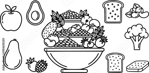 Healthy nutrition and high fiber food symbol for digestive wellness and organic diet featuring natural grains and vegetables icon – Black Vector Illustration