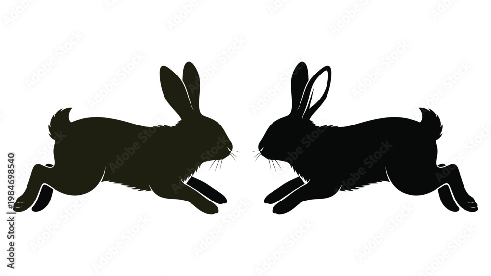 Obraz premium Two leaping rabbits are depicted as silhouettes facing each other in a simple graphic style