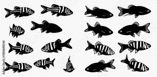 Set of various black and white fish silhouettes, including striped and solid patterns, suitable for aquatic designs.