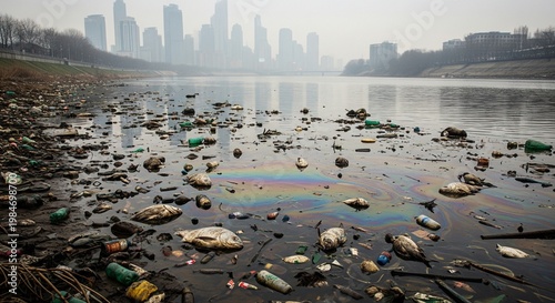 Environmental pollution affects city river with trash and debris scattered everywhere outside