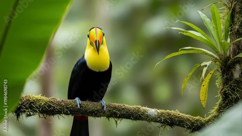 Vibrant Keel-billed Toucan perched on a mossy branch in the tropical rainforest.