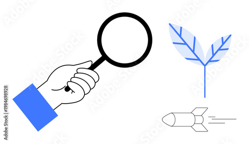 Science, research, exploration, innovation, sustainability, technology concepts. A hand holding a magnifying glass, a leaf and a rocket illustration. Research and exploration concept
