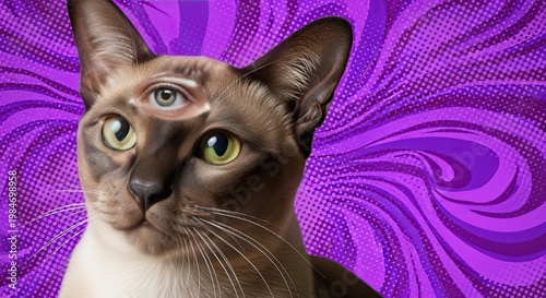 Unique cat illustration with surreal three-eyed design on vibrant purple background. This whimsical cat art features a playful combination of realistic feline traits and abstract elements.