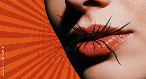 Bold pop art lips with graphic design and vibrant red background featuring striking patterns and textures. Creative pop art concept highlights lips design, perfect for advertising, marketing,