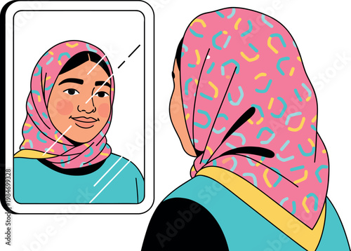 A woman wearing a pink hijab looks at her reflection on a smartphone screen on transparent background