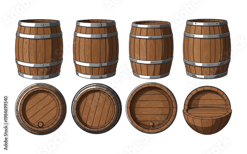 Wooden Barrels Set Vintage Cask Containers Brewery Storage Vector Illustration