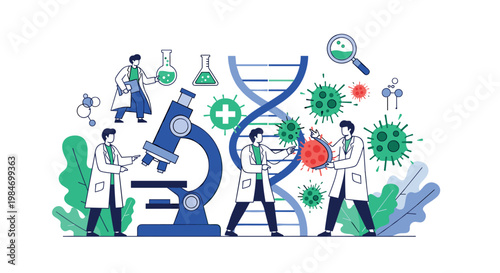 Scientists in lab coats working with microscope and virus samples on transparent background