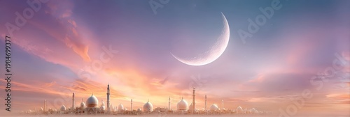 Crescent moon over mosque skyline spiritual evening scene